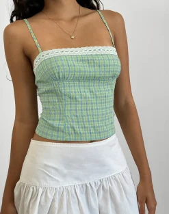 Motel Rocks Strappy Tops-Kinaya Cami Top in Blue and Yellow Check