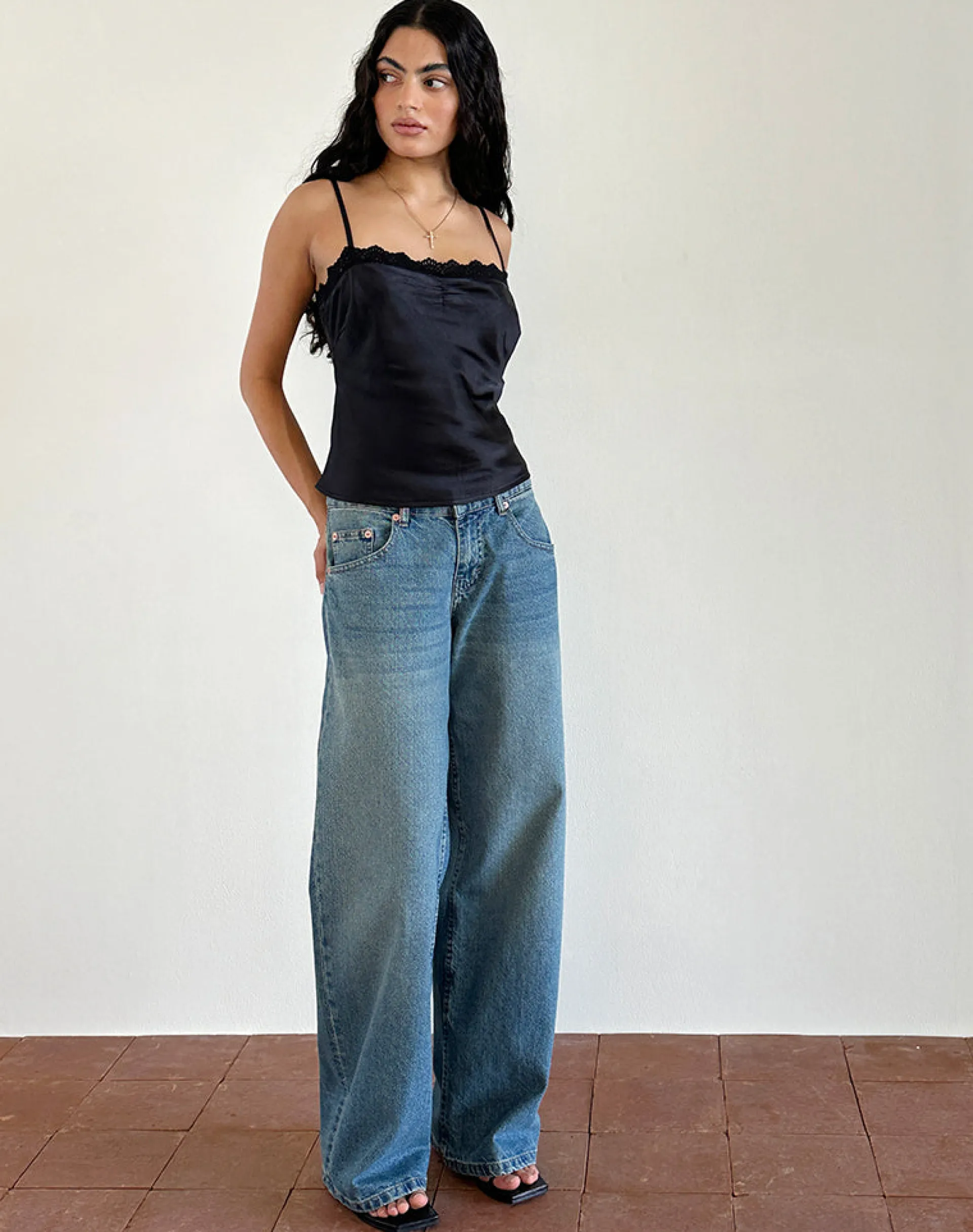 Motel Rocks Co-Ords | Strappy Tops-Kira Top in Satin Black with Black Lace