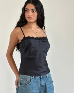 Motel Rocks Co-Ords | Strappy Tops-Kira Top in Satin Black with Black Lace