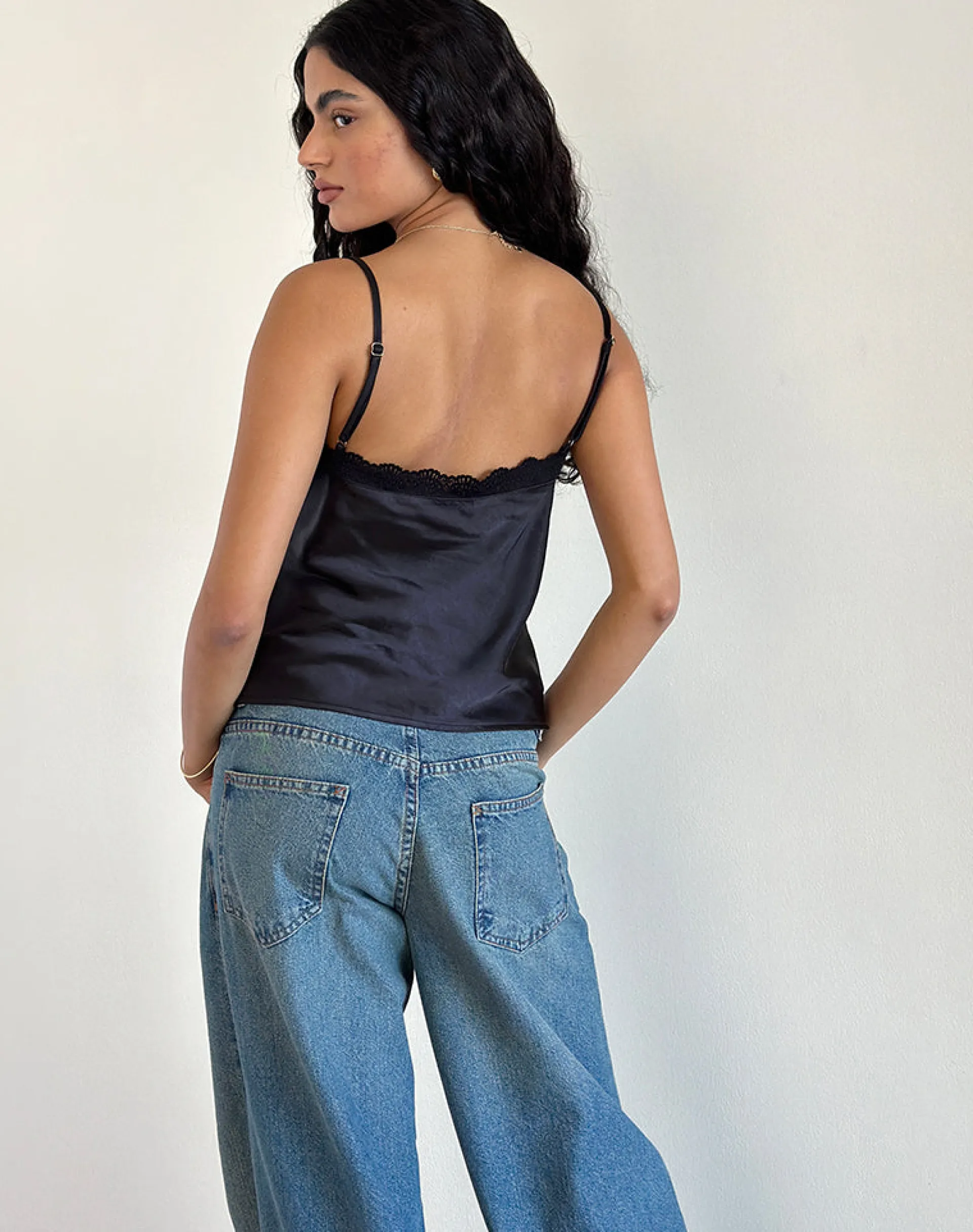 Motel Rocks Co-Ords | Strappy Tops-Kira Top in Satin Black with Black Lace