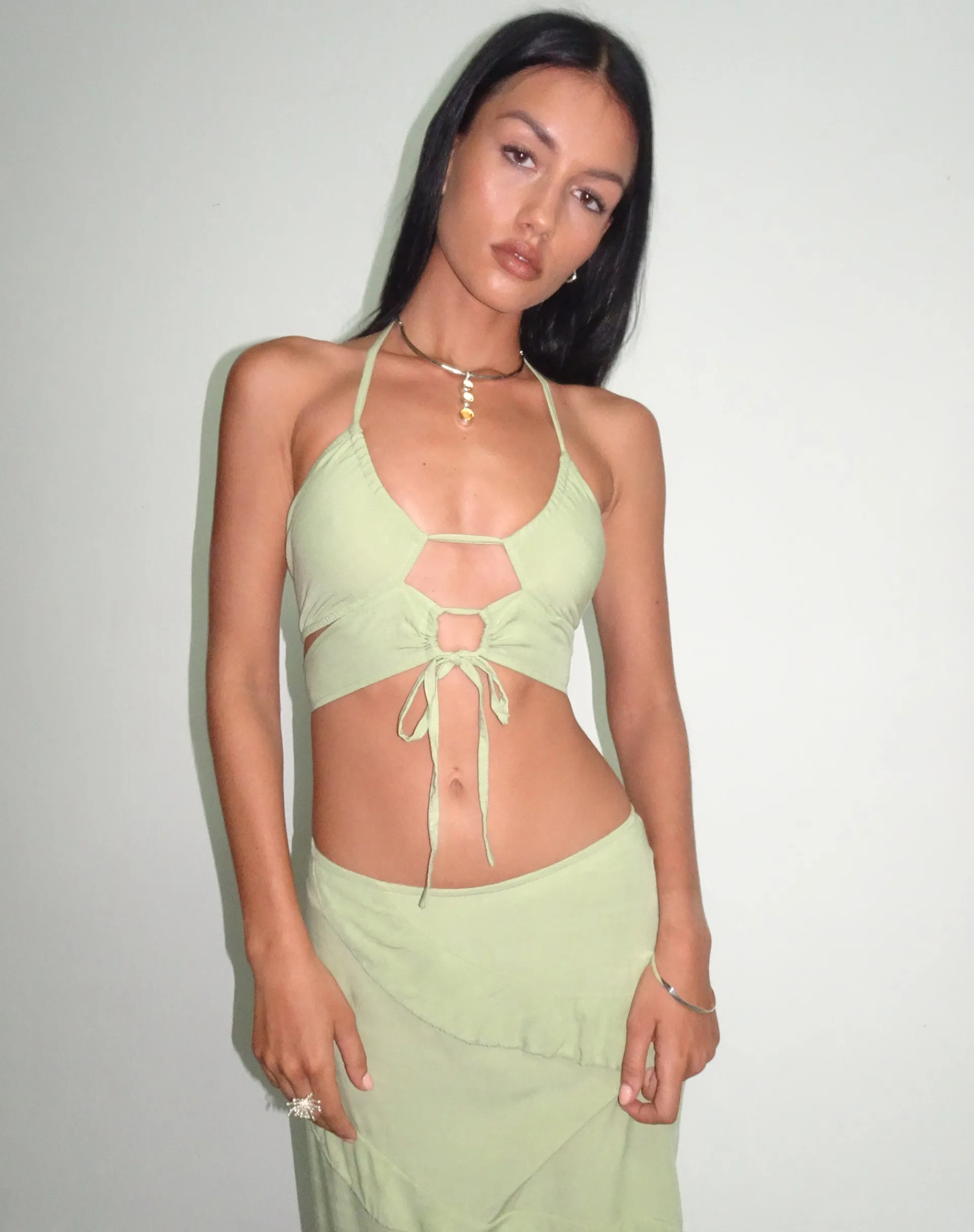 Motel Rocks Halterneck Tops | Strappy Tops-Koen Cut Out Top in Mint Sage