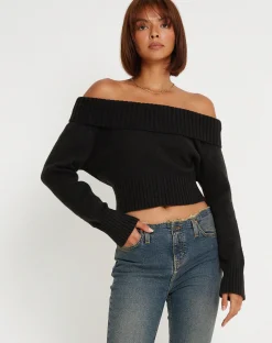 Motel Rocks Long Sleeve Tops-Koriya Bardot Top in Black