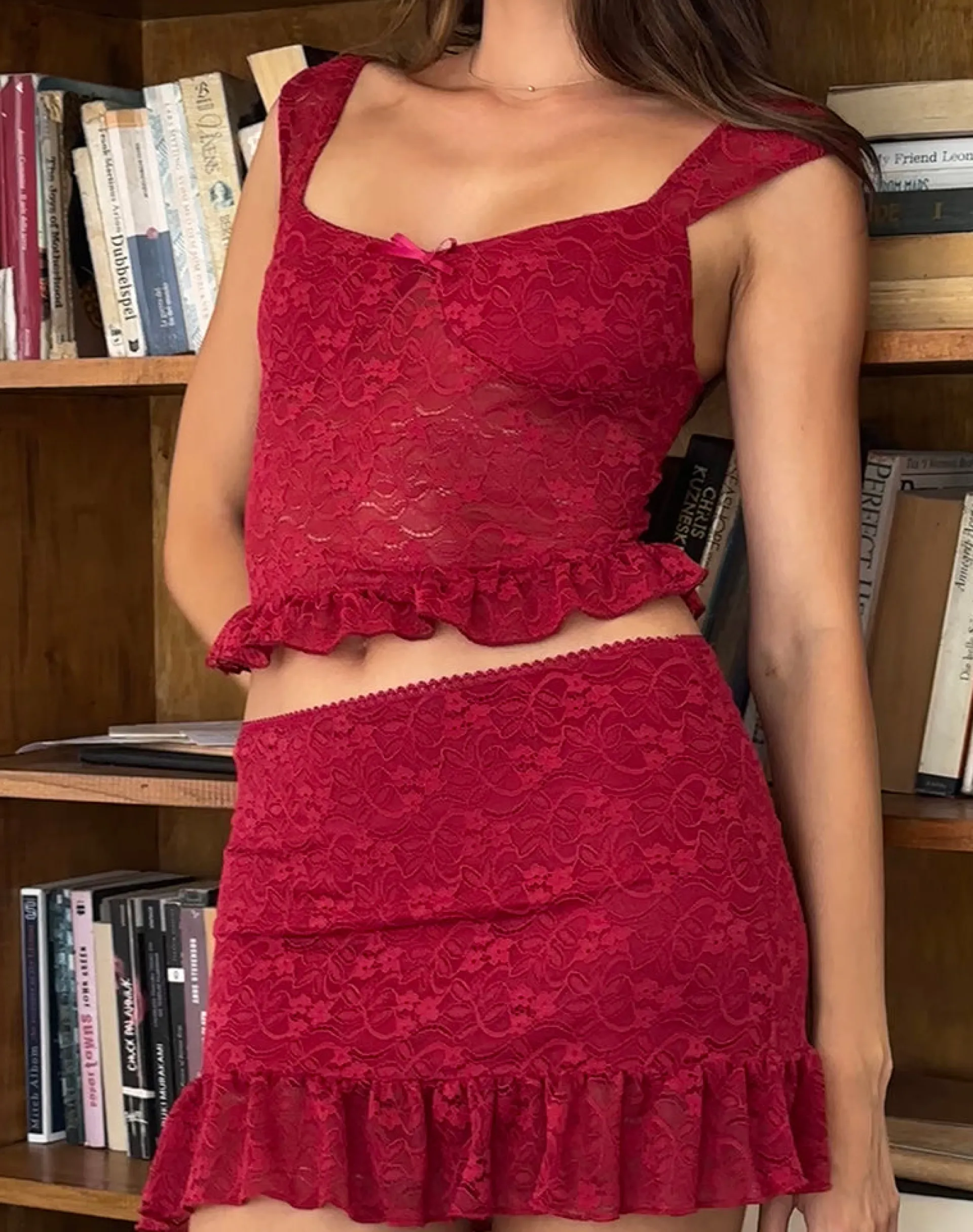 Motel Rocks Co-Ords | Mini Skirts-Krecia Mini Skirt in Deep Red Lace DeepRedLace