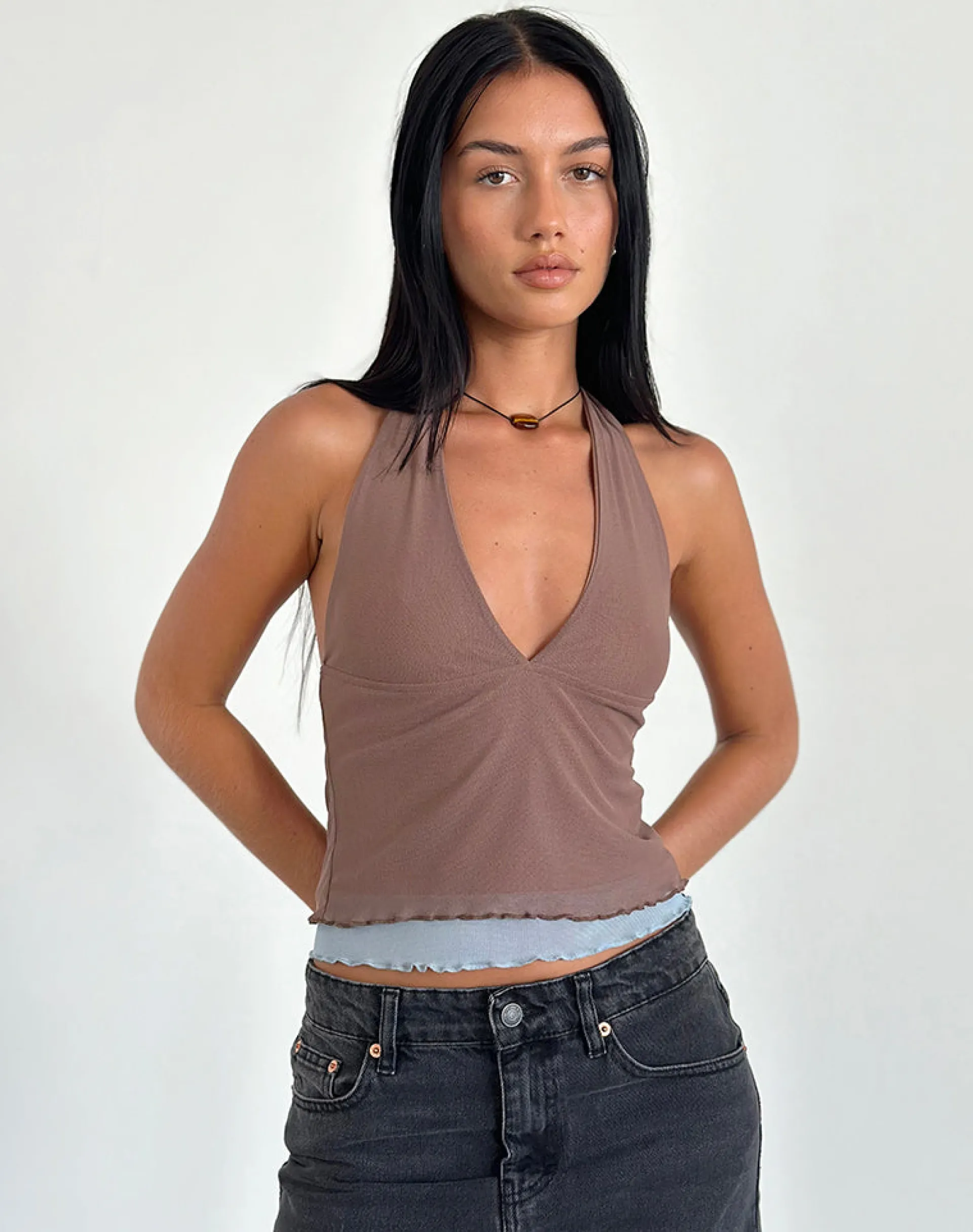 Motel Rocks Halterneck Tops-Kubra Halter Top in Mesh Brown and Light Blue MeshBrownandLightBlue