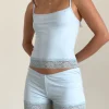 Motel Rocks Loungewear | Co-Ords-Kuden Lace Hem Micro Shorts in Soft Slinky Blue SoftSlinkyBlue