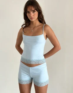 Motel Rocks Loungewear | Co-Ords-Kuden Lace Hem Micro Shorts in Soft Slinky Blue SoftSlinkyBlue