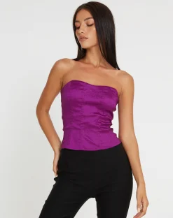 Motel Rocks Bandeau Tops-Kyanata Strapless Corset in Satin Purple