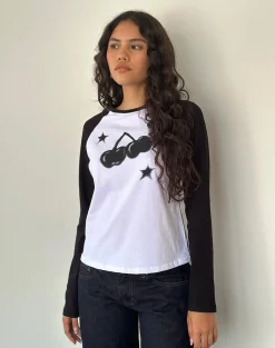 Motel Rocks Long Sleeve Tops-Kyiato Top in White and Black Cherry Print WhiteandBlackCherryPrint