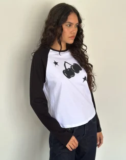 Motel Rocks Long Sleeve Tops-Kyiato Top in White and Black Cherry Print WhiteandBlackCherryPrint