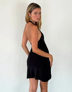 Motel Rocks Bodycon Dresses | Little Black Dresses-Kyrie Halterneck Wrap Dress in Slinky Black SlinkyBlack