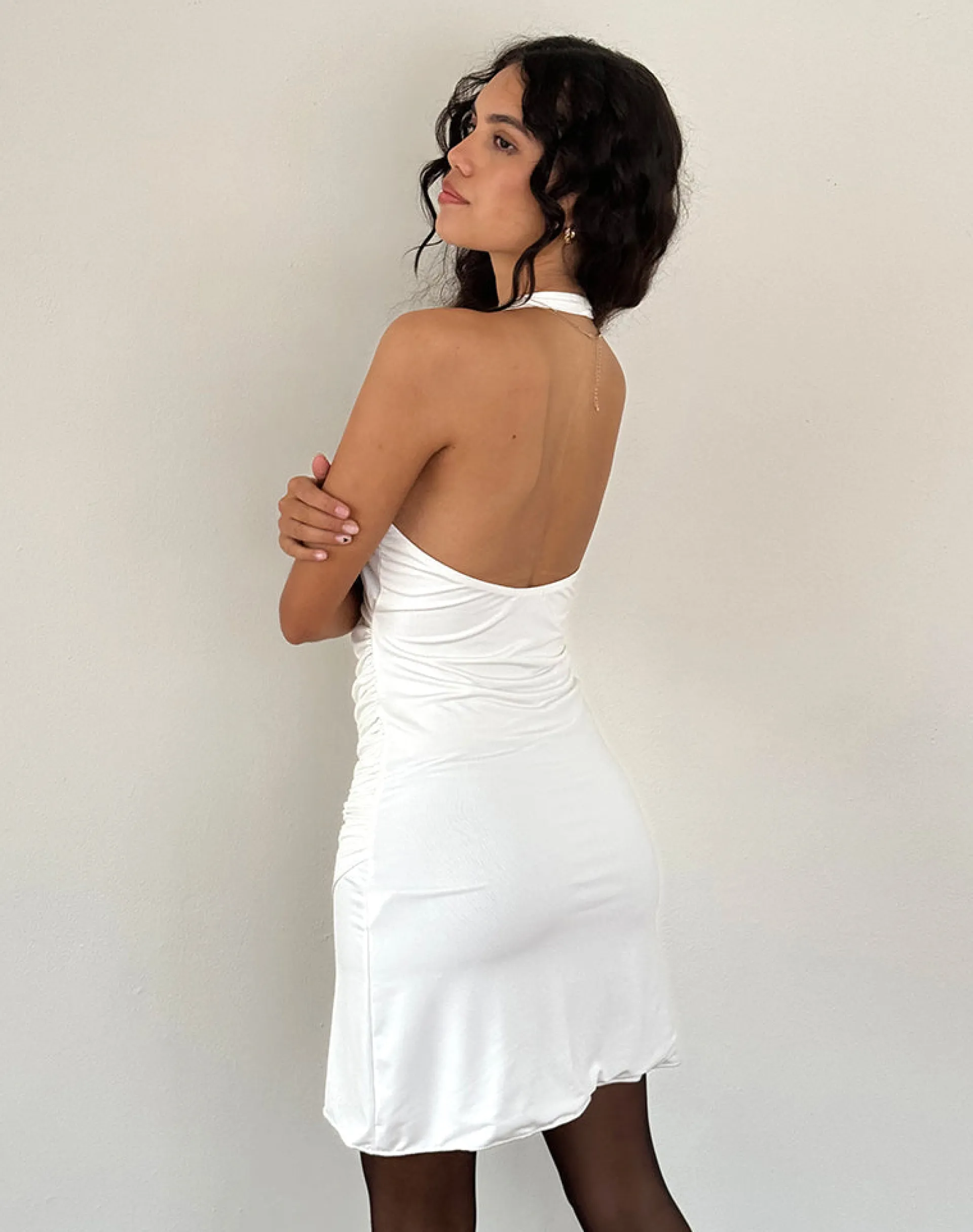 Motel Rocks Bodycon Dresses | Party Dresses-Kyrie Halterneck Wrap Dress in Slinky Ivory SlinkyIvory