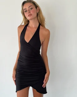 Motel Rocks Bodycon Dresses | Little Black Dresses-Kyrie Halterneck Wrap Dress in Slinky Black SlinkyBlack