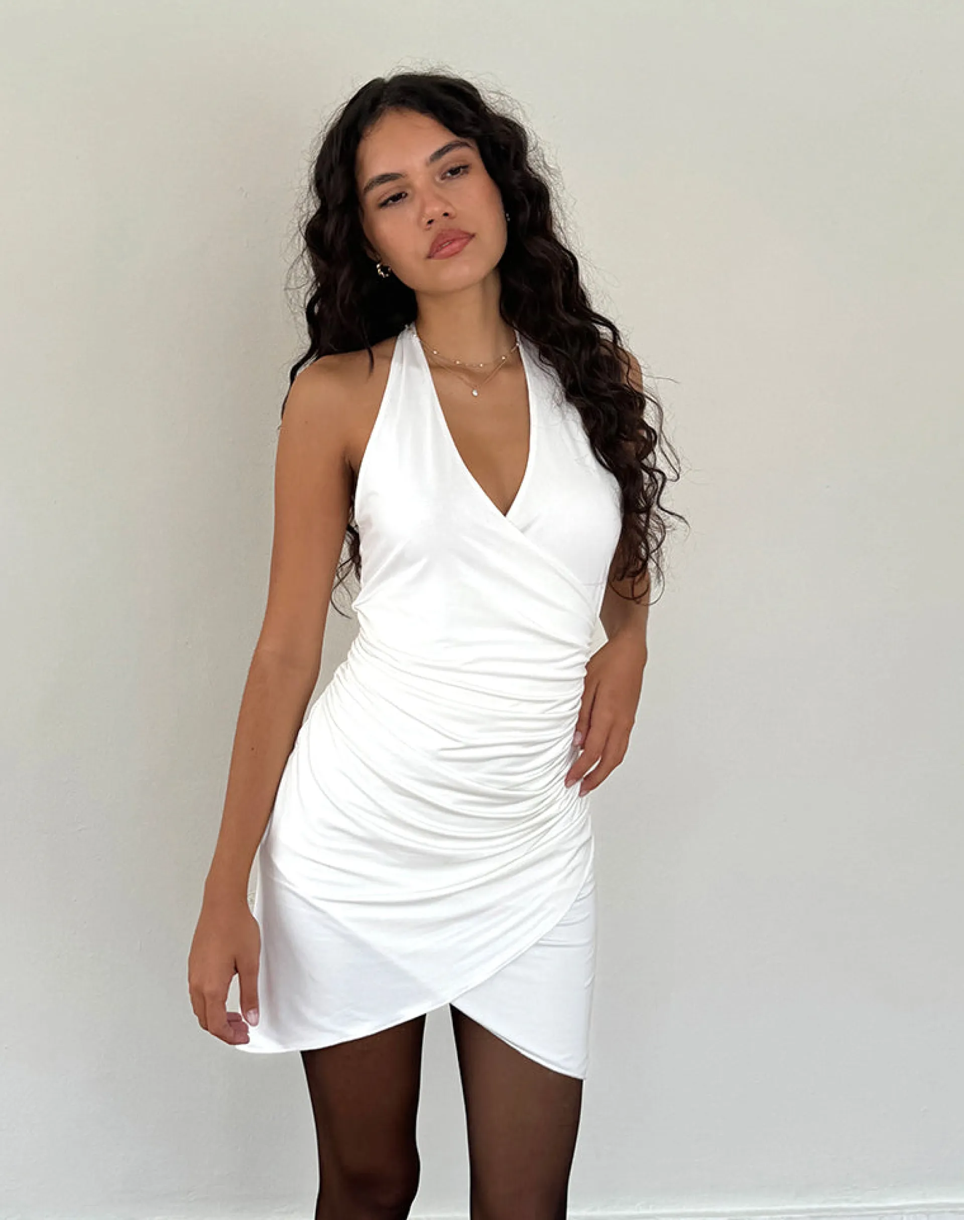 Motel Rocks Bodycon Dresses | Party Dresses-Kyrie Halterneck Wrap Dress in Slinky Ivory SlinkyIvory
