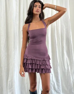 Motel Rocks Mini Dresses-Laine Halterneck Mini Dress in Slinky Mulberry