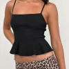 Motel Rocks Strappy Tops | Going Out Tops-Lajita Peplum Top in Stretch Tailoring Black