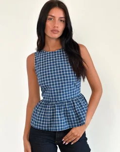 Motel Rocks Vest Tops | Printed Tops-Lanzo Tie Back Top in Poplin Navy Tartan poplinnavytartan