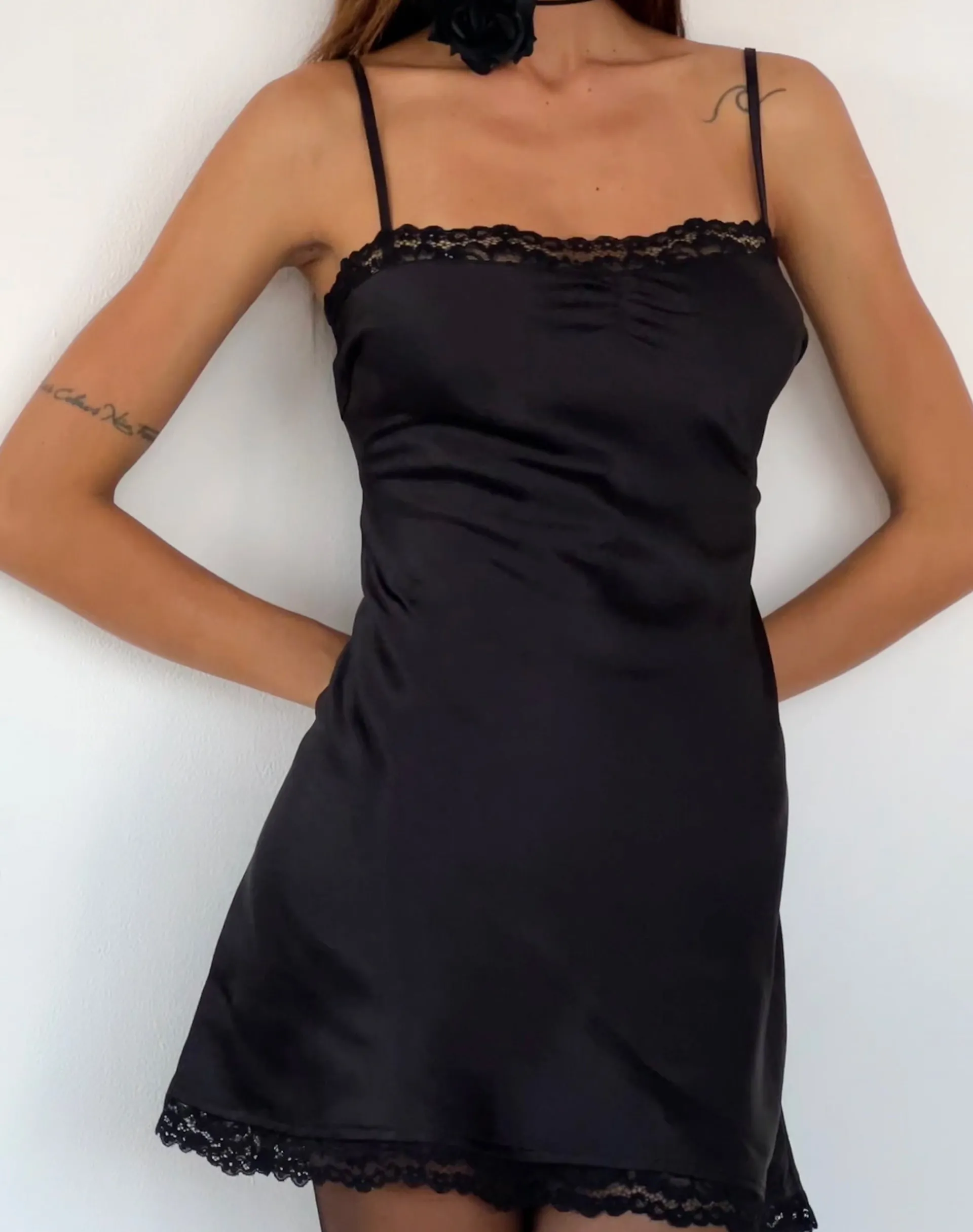Motel Rocks Little Black Dresses | Mini Dresses-Larna Lace Trim Satin Mini Dress in Black