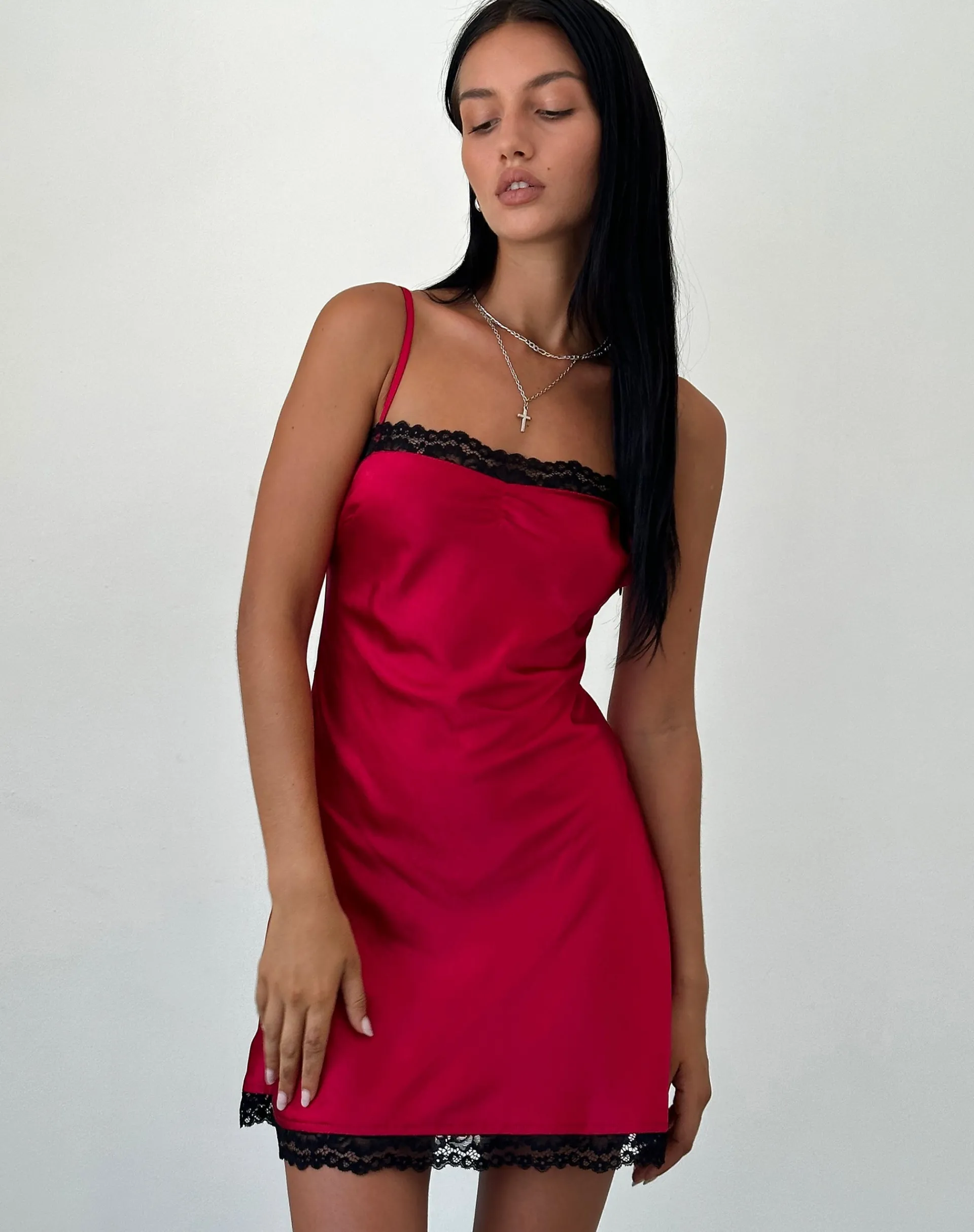 Motel Rocks Mini Dresses-Larna Satin Mini Dress in with Black Lace Trimming Red