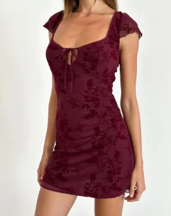 Motel Rocks Printed Dresses | Party Dresses-Lashka Mini Dress in Botanical Flower Maroon botancialflowermaroon