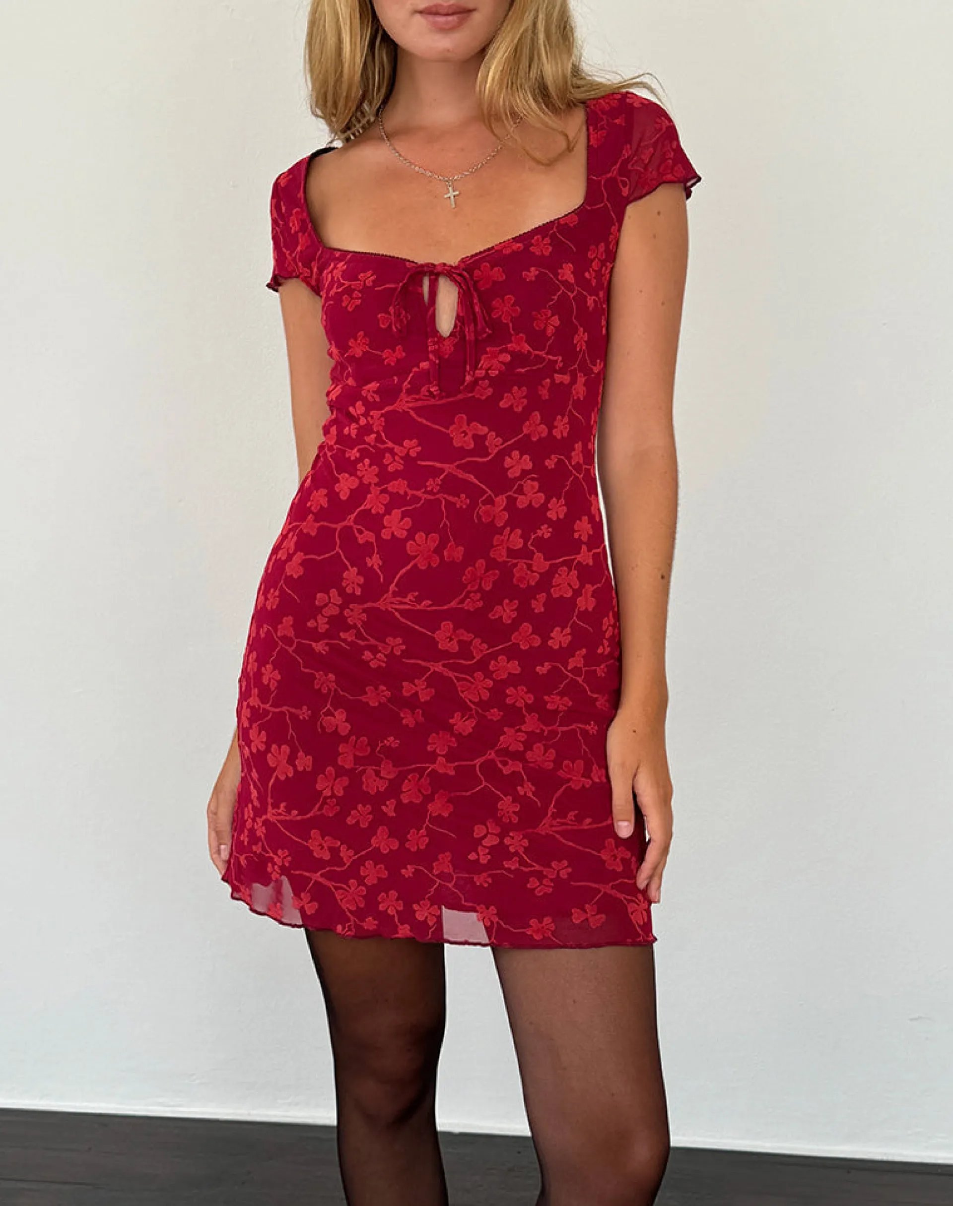 Motel Rocks Printed Dresses | Mini Dresses-Lashka Mini Dress in Red Grunge Floral Flock RedGrungeFloralFlock