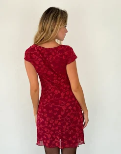 Motel Rocks Printed Dresses | Mini Dresses-Lashka Mini Dress in Red Grunge Floral Flock RedGrungeFloralFlock