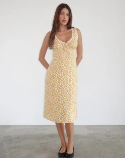 Motel Rocks Printed Dresses | Day Dresses-Lavisha Midi Dress in Yellow Cosmos Garden YellowCosmosGarden