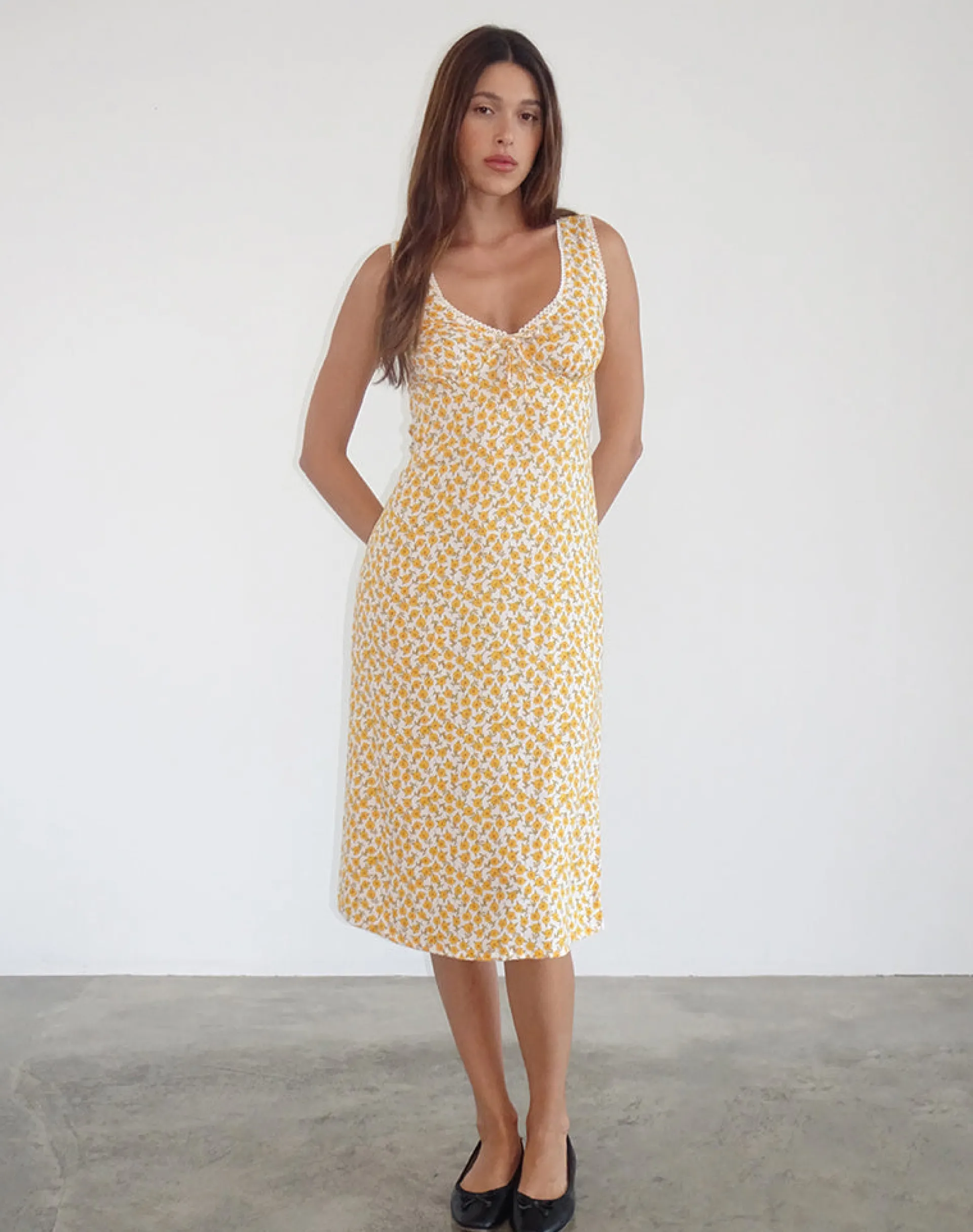 Motel Rocks Printed Dresses | Day Dresses-Lavisha Midi Dress in Yellow Cosmos Garden YellowCosmosGarden