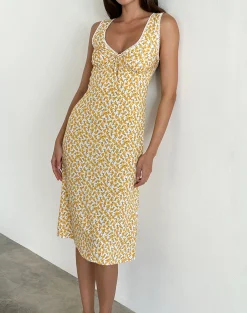 Motel Rocks Printed Dresses | Day Dresses-Lavisha Midi Dress in Yellow Cosmos Garden YellowCosmosGarden