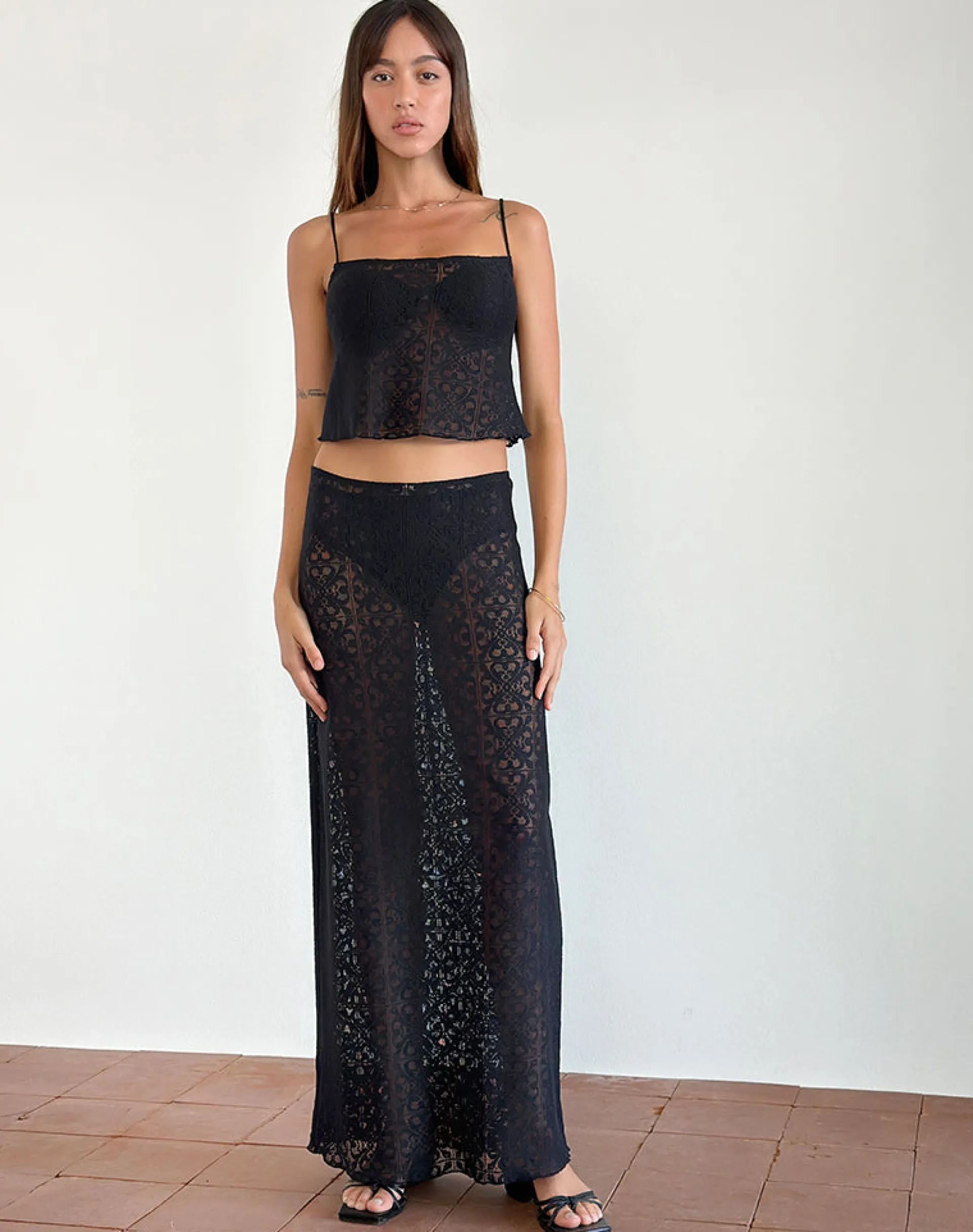 Motel Rocks Co-Ords | Maxi Skirts-Layla Maxi Skirt in Clover Lace Black CloverLaceBlack