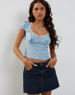 Motel Rocks Printed Tops-Laz Top in Ditsy Rose Blue DitsyRoseBlue