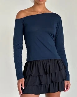 Motel Rocks Basics | Basic Tops-Ledez Asym Slouchy Top in Navy Tissue NavyTissue