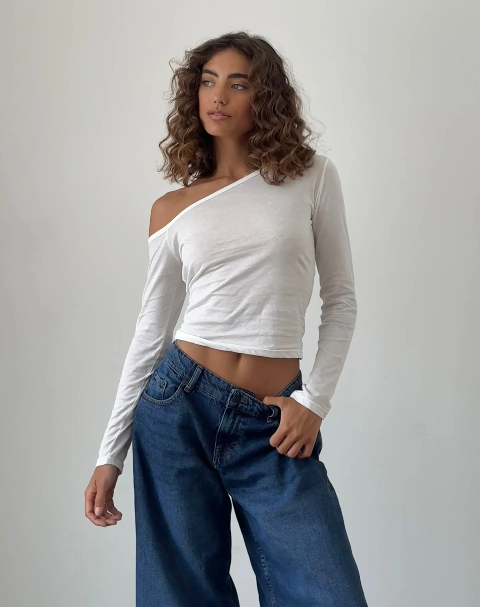 Motel Rocks Basics | Basic Tops-Ledez Asymmetric Slouchy Top in White Tissue Jersey WhiteTissueJersey