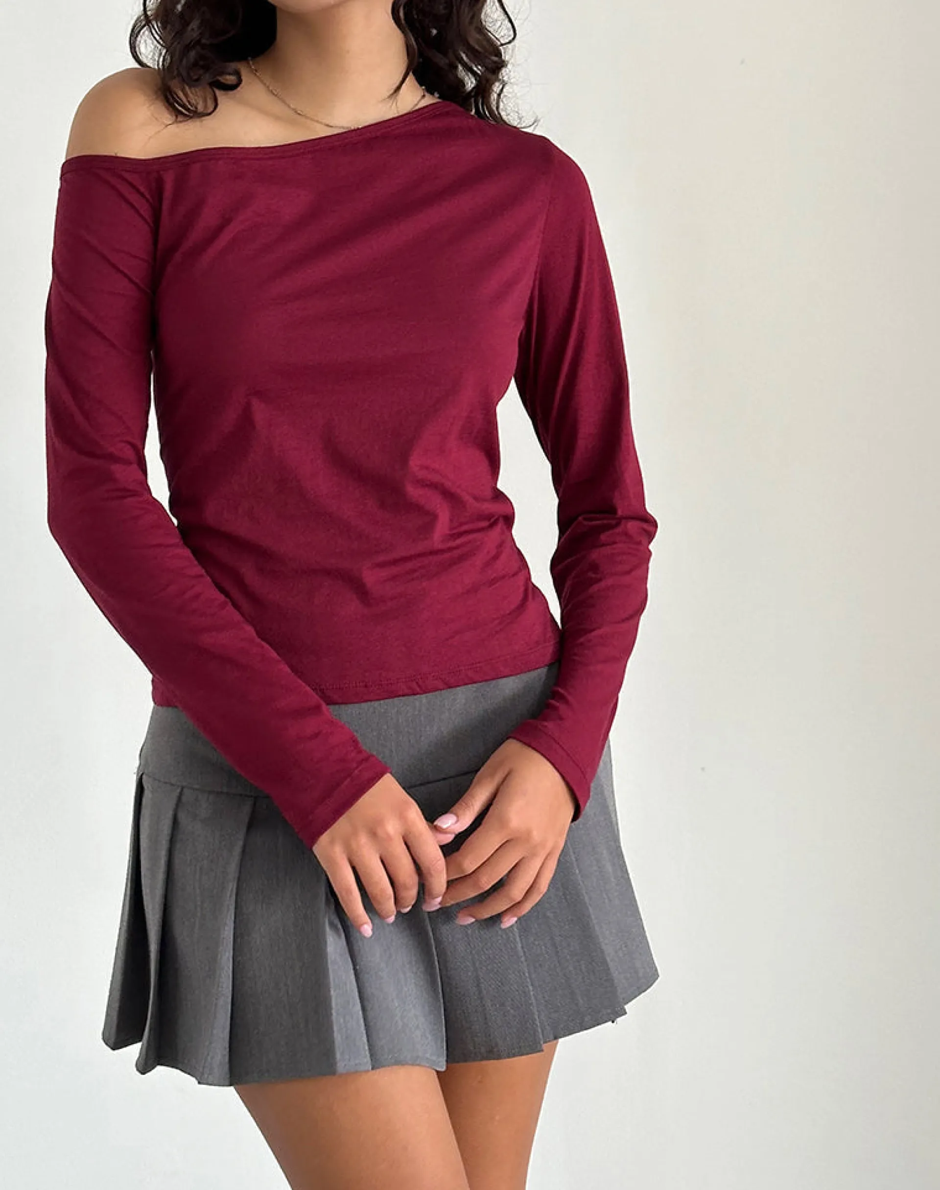Motel Rocks Long Sleeve Tops-Ledez Asymmetric Slouchy Top in Burgundy Tissue BurgundyTissue