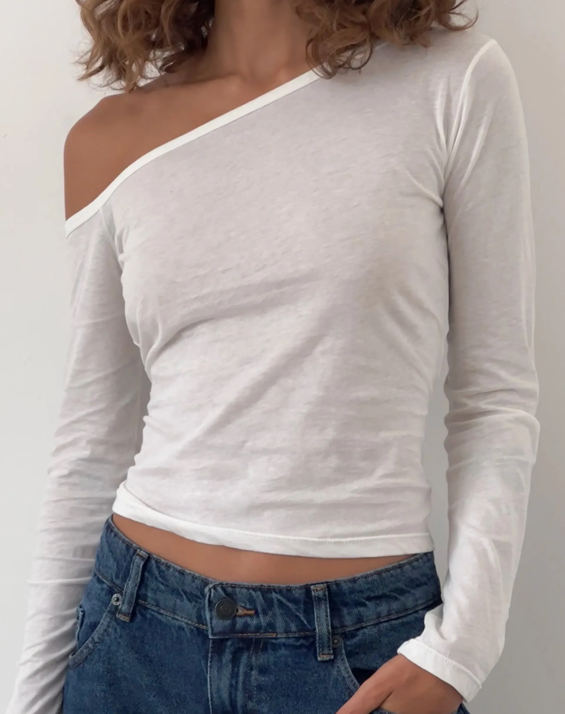 Motel Rocks Basics | Basic Tops-Ledez Asymmetric Slouchy Top in White Tissue Jersey WhiteTissueJersey