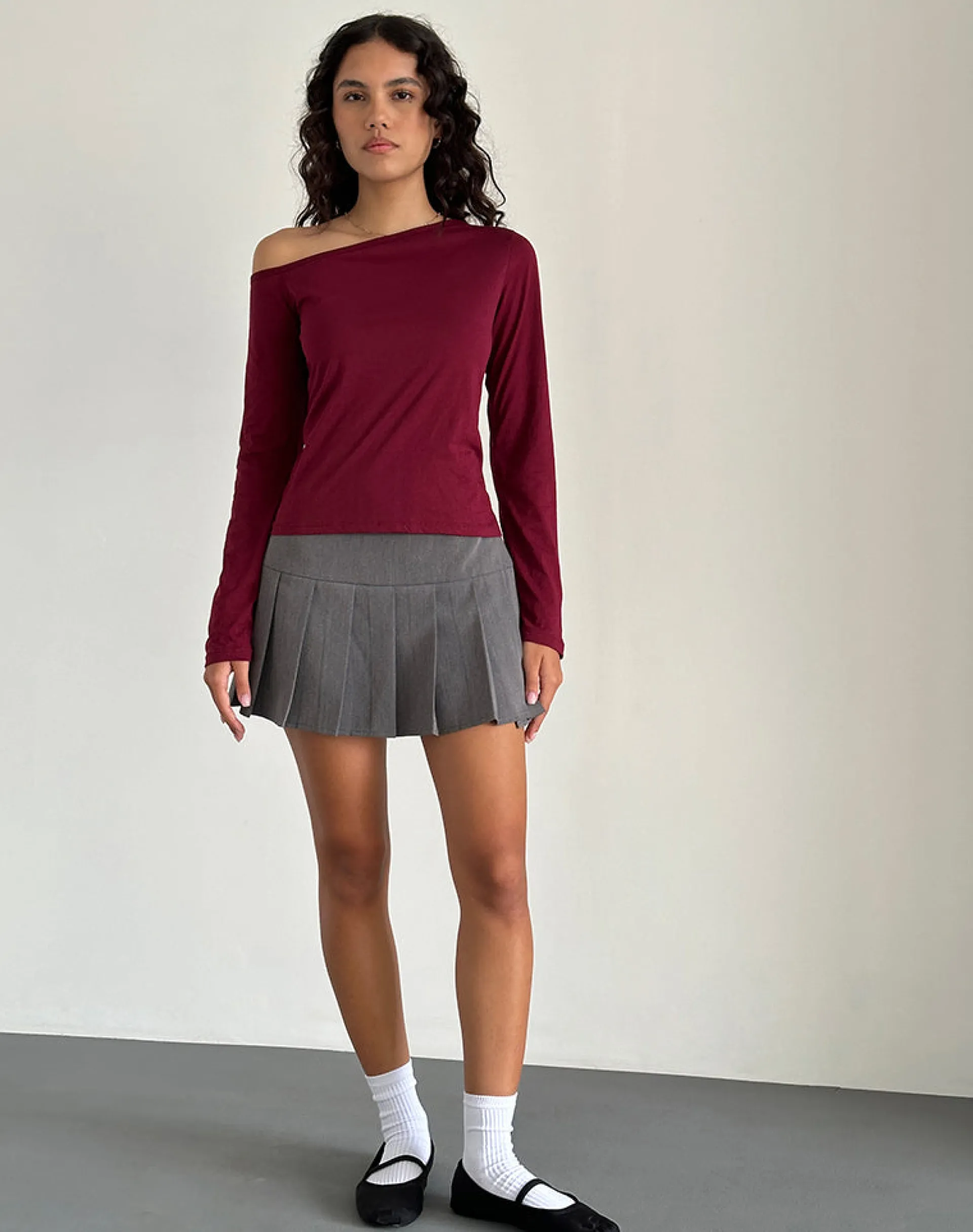 Motel Rocks Long Sleeve Tops-Ledez Asymmetric Slouchy Top in Burgundy Tissue BurgundyTissue