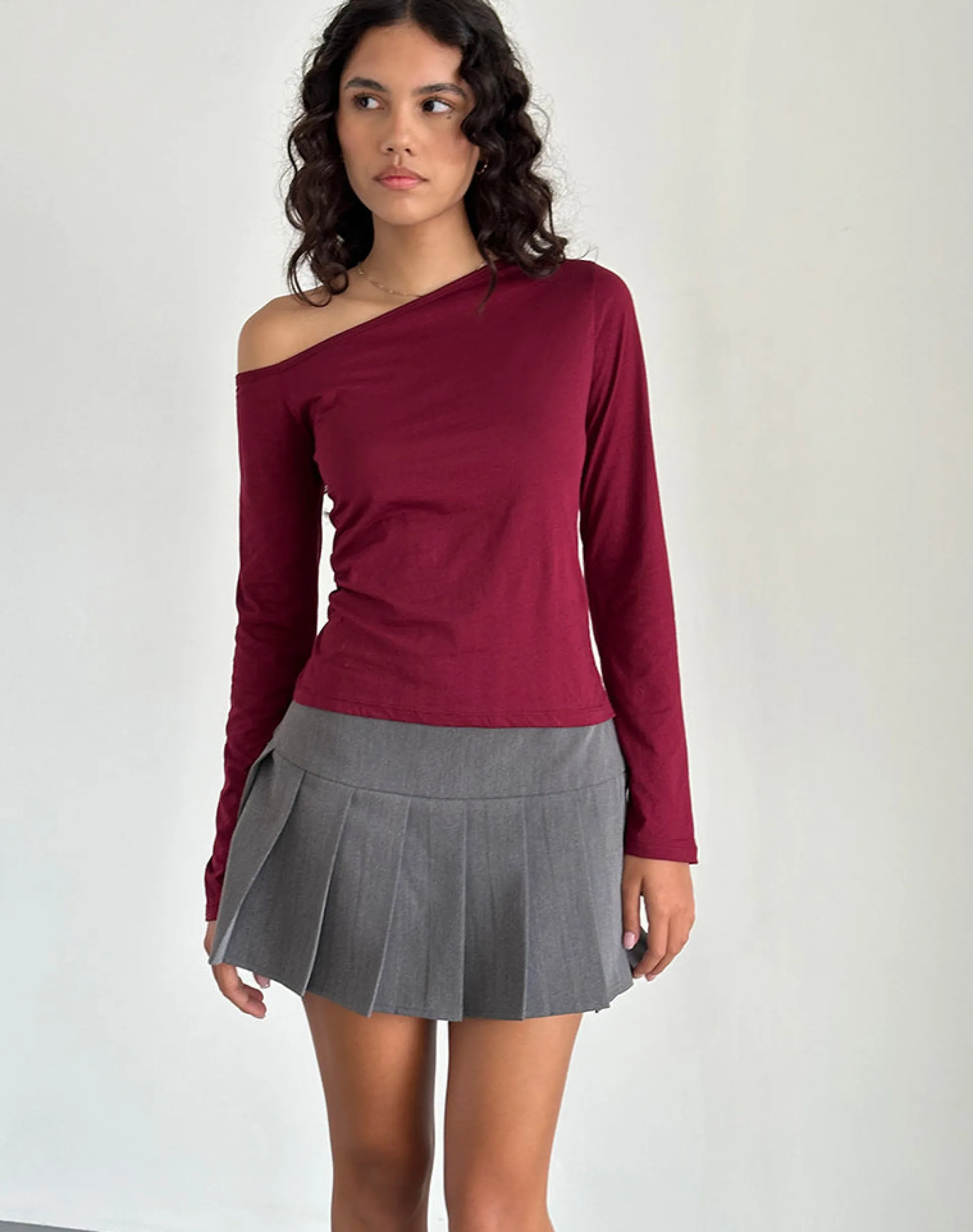 Motel Rocks Long Sleeve Tops-Ledez Asymmetric Slouchy Top in Burgundy Tissue BurgundyTissue