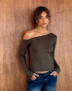 Motel Rocks Basics | Basic Tops-Ledez Asymmetrical Slouchy Top in Olive Tissue Jersey OliveTissueJersey