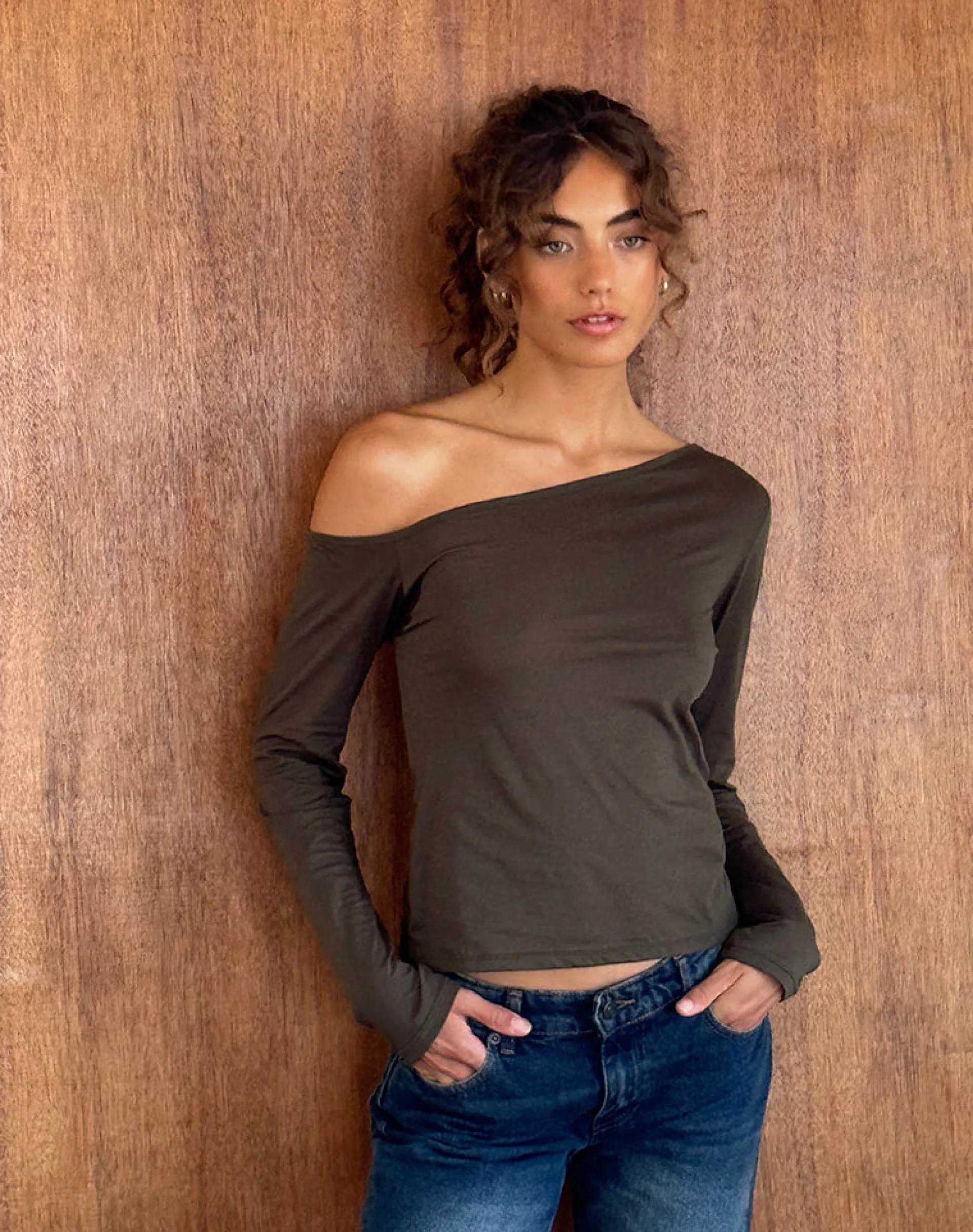 Motel Rocks Basics | Basic Tops-Ledez Asymmetrical Slouchy Top in Olive Tissue Jersey OliveTissueJersey