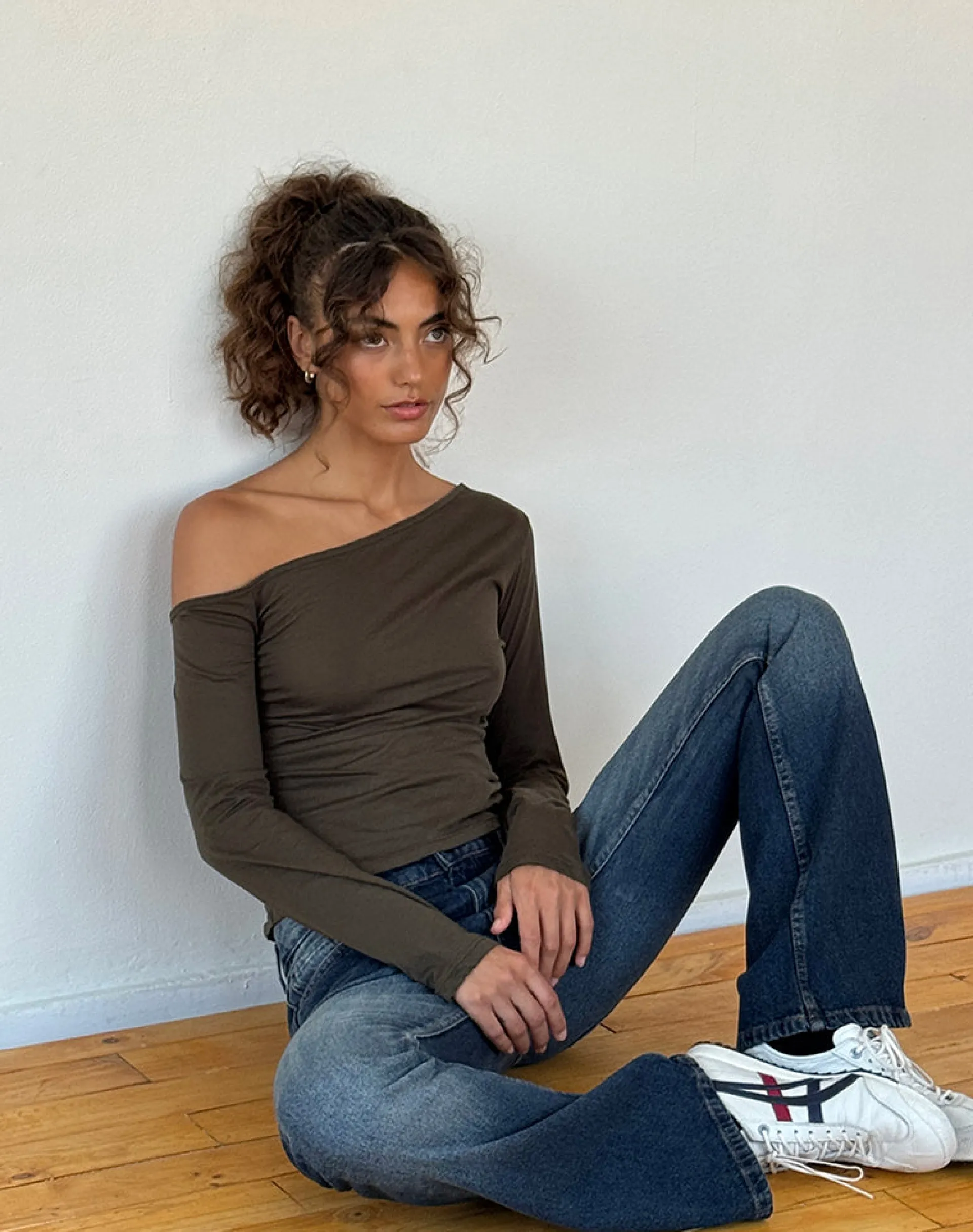 Motel Rocks Basics | Basic Tops-Ledez Asymmetrical Slouchy Top in Olive Tissue Jersey OliveTissueJersey