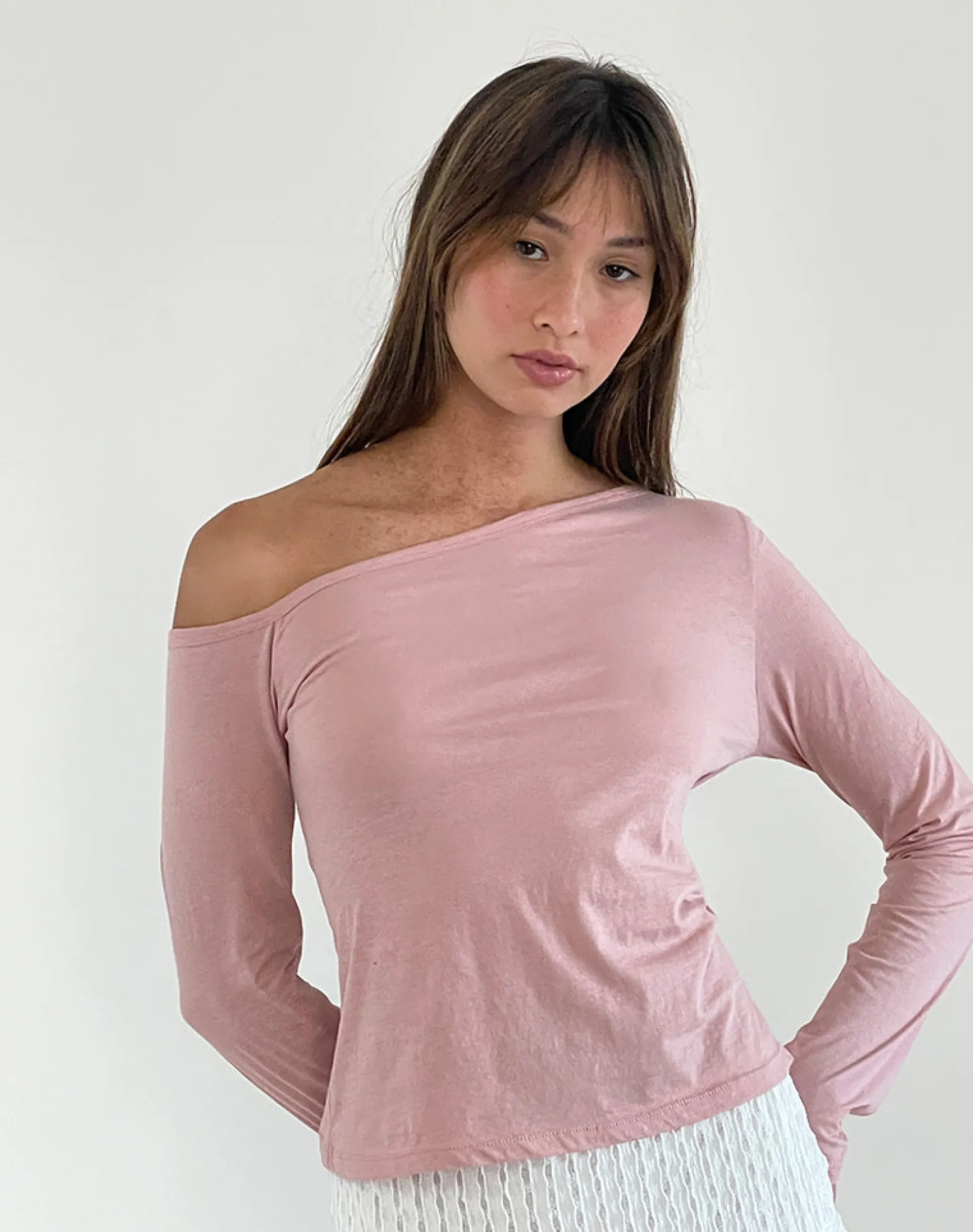 Motel Rocks Basics | Basic Tops-Ledez Asymmetrical Slouchy Top in Pink Lady Tissue PinkLadyTissue