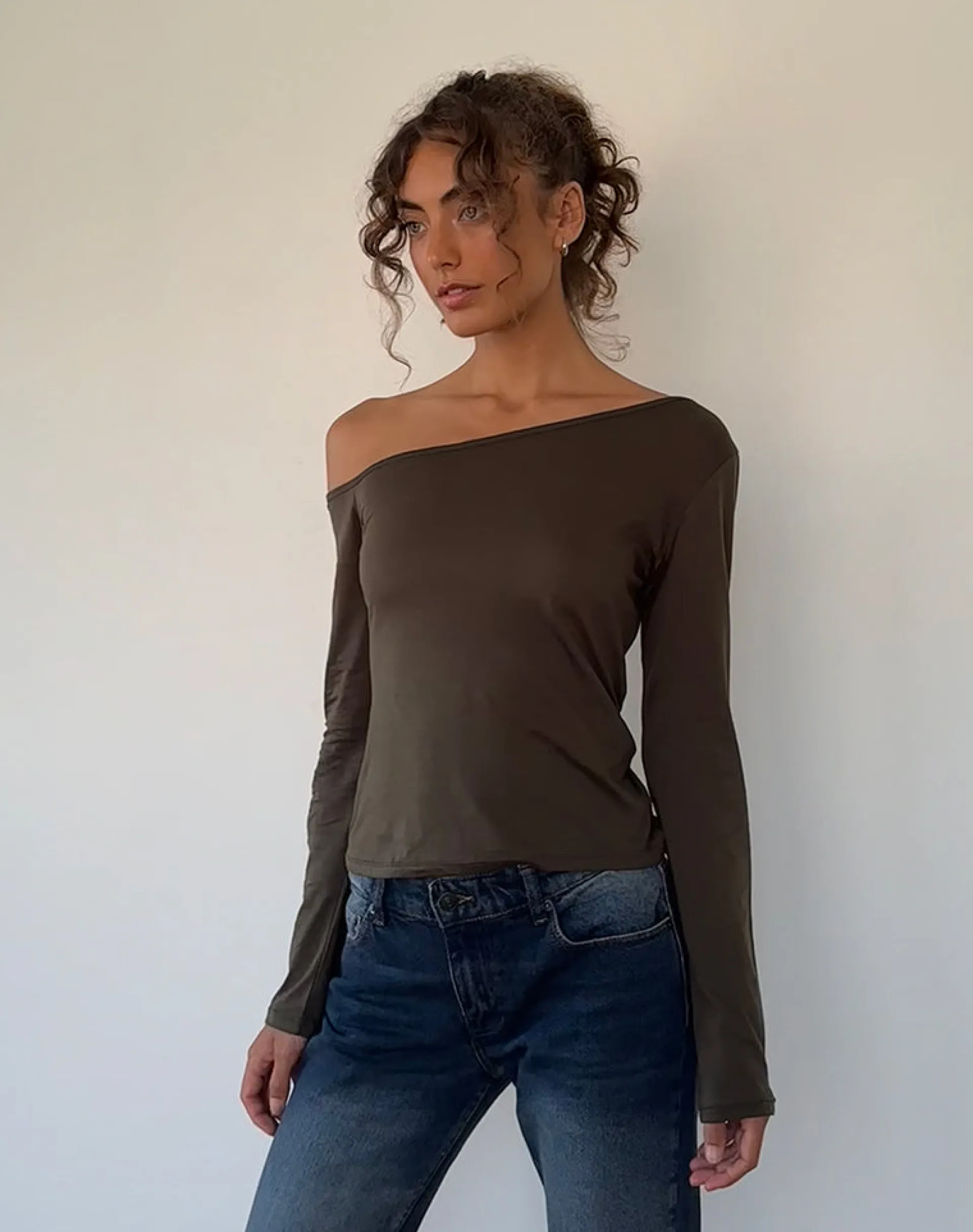 Motel Rocks Basics | Basic Tops-Ledez Asymmetrical Slouchy Top in Olive Tissue Jersey OliveTissueJersey