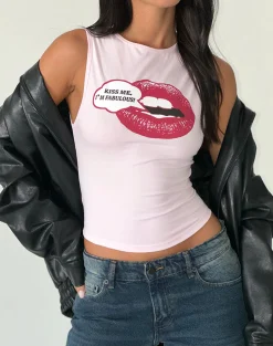 Motel Rocks Printed Tops-Leen Tank Top in Pink with Kiss Me I'm Fab Graphic PinkwithKissMeI'mFabGraphic
