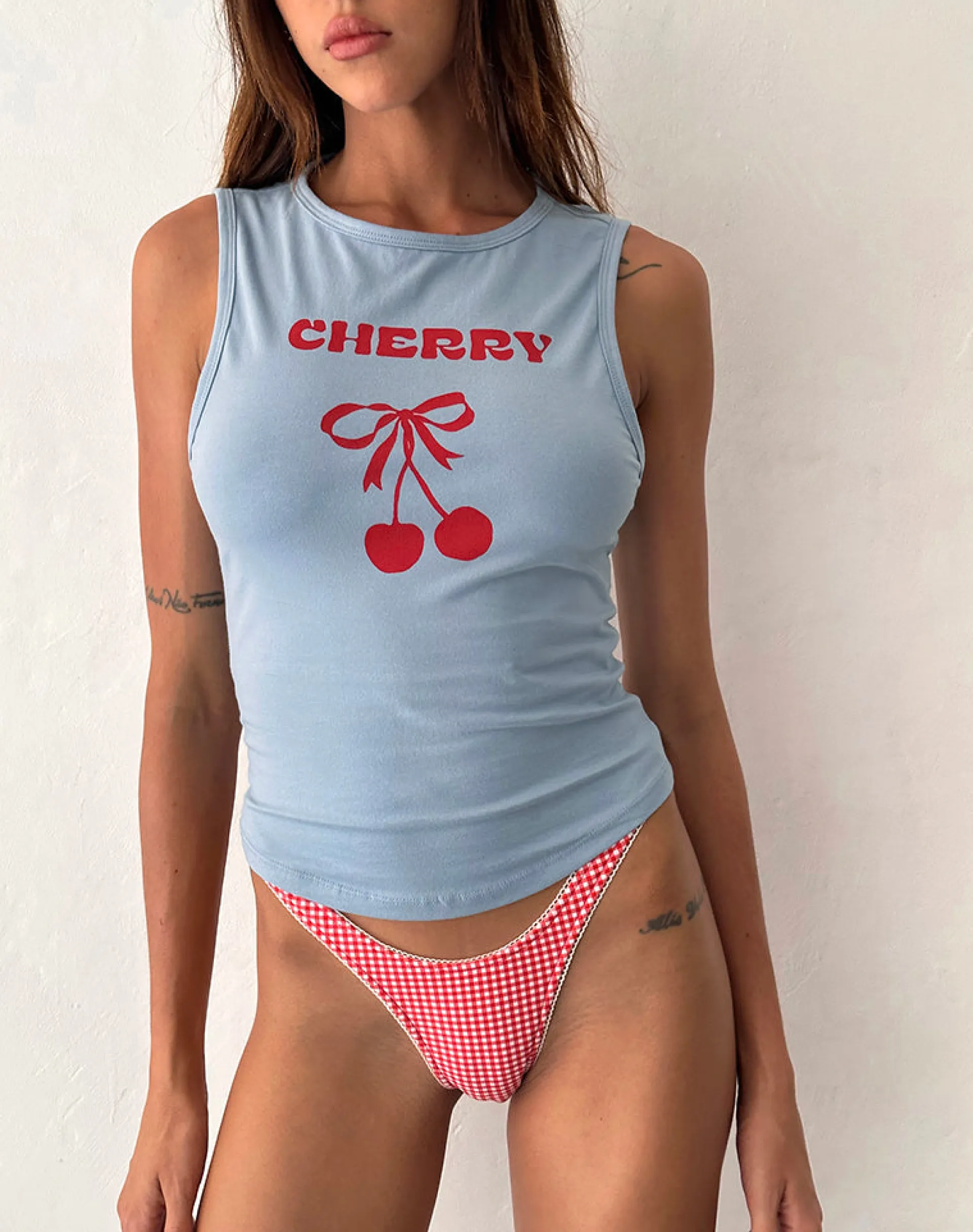 Motel Rocks Basic Tops | Vest Tops-Leen Top in Nantucket Blue with Cherry Print NantucketBluewithCherryPrint