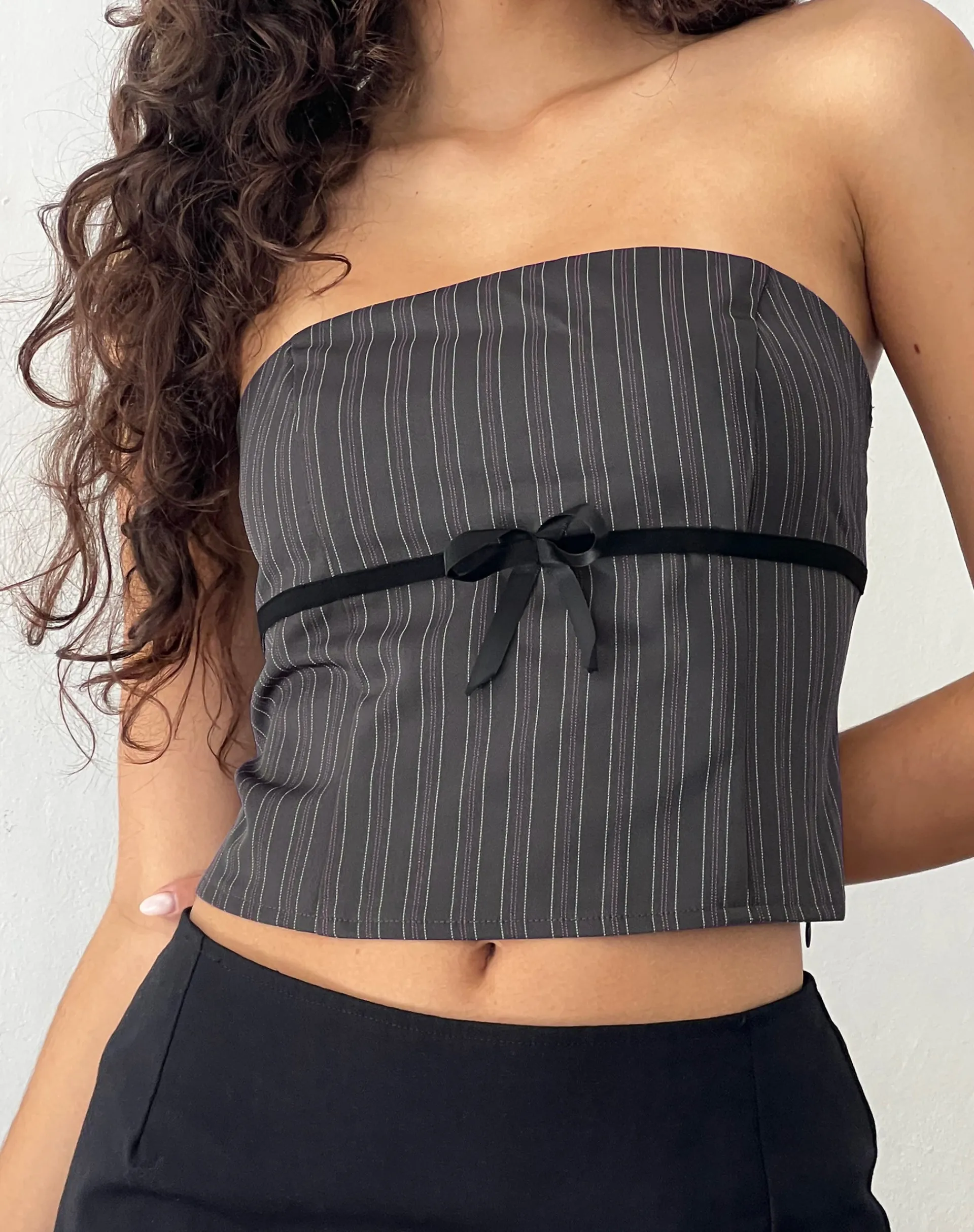 Motel Rocks Printed Tops | Bandeau Tops-Leggy Tube Top in Grey Pinstripe GreyPinstripe