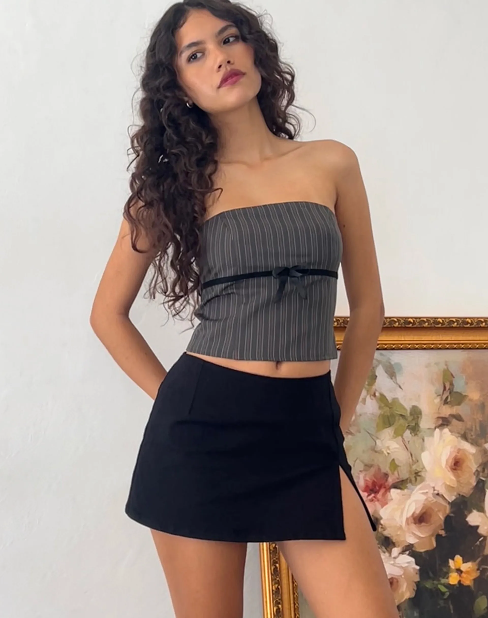 Motel Rocks Printed Tops | Bandeau Tops-Leggy Tube Top in Grey Pinstripe GreyPinstripe