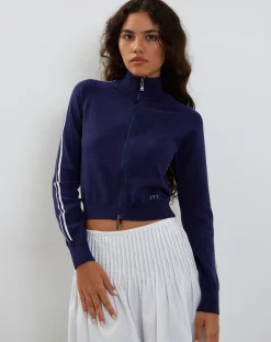 Motel Rocks Jackets-Lennon Knitted Jacket in Navy with White Stripe NavywithWhiteStripe