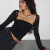 Motel Rocks Long Sleeve Tops | Lace Tops-Lenny Lace Shrug Top in Slinky Black with Black Lace Trim
