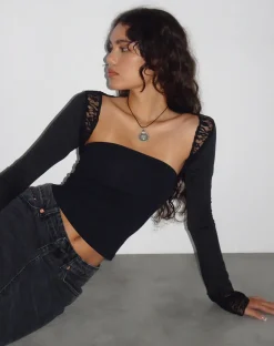Motel Rocks Long Sleeve Tops | Lace Tops-Lenny Lace Shrug Top in Slinky Black with Black Lace Trim