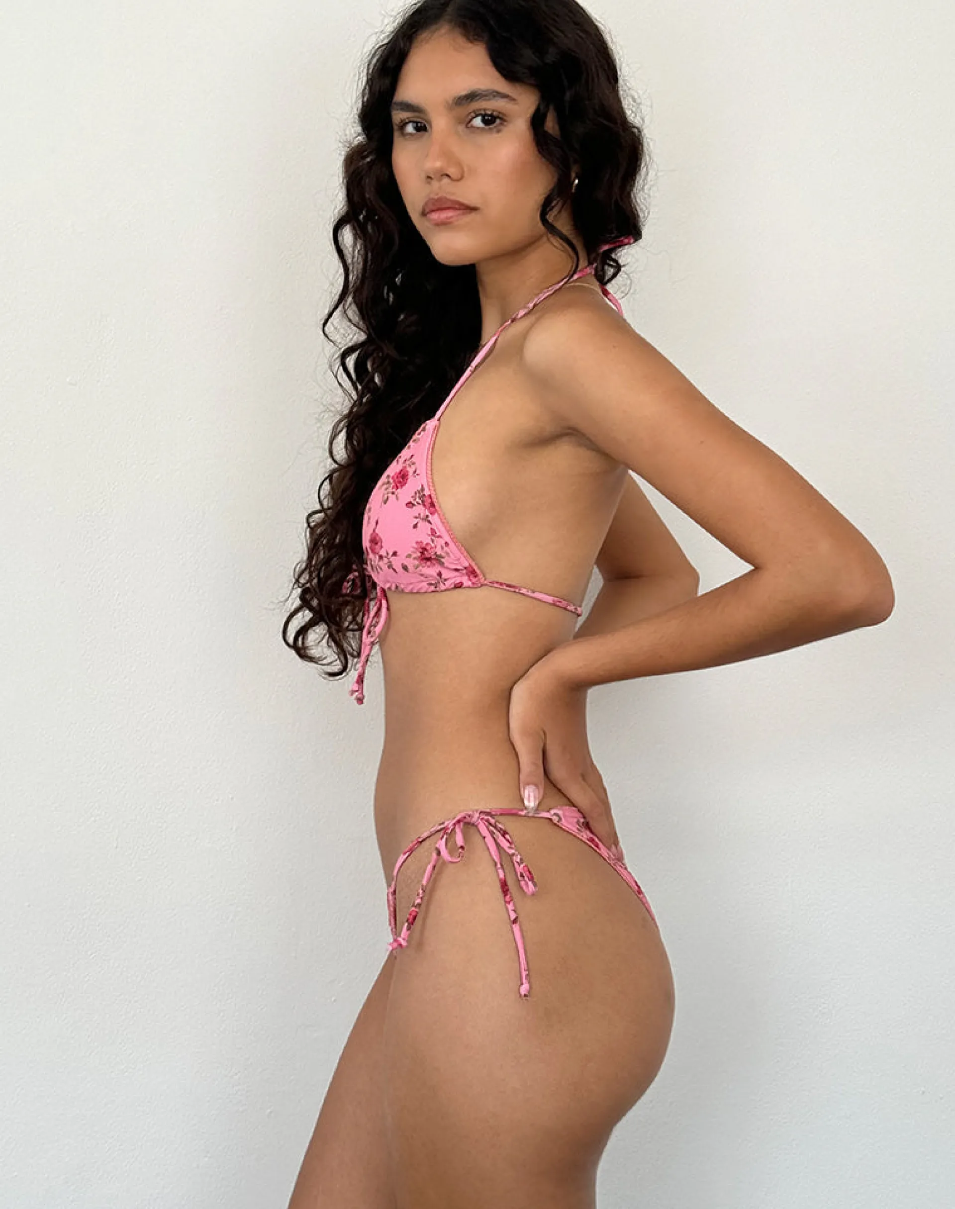 Motel Rocks Swimwear-Lentra Bikini Bottom in Pink Floral Bloom with Picot Trim PinkFloralBloomwithPicotTrim