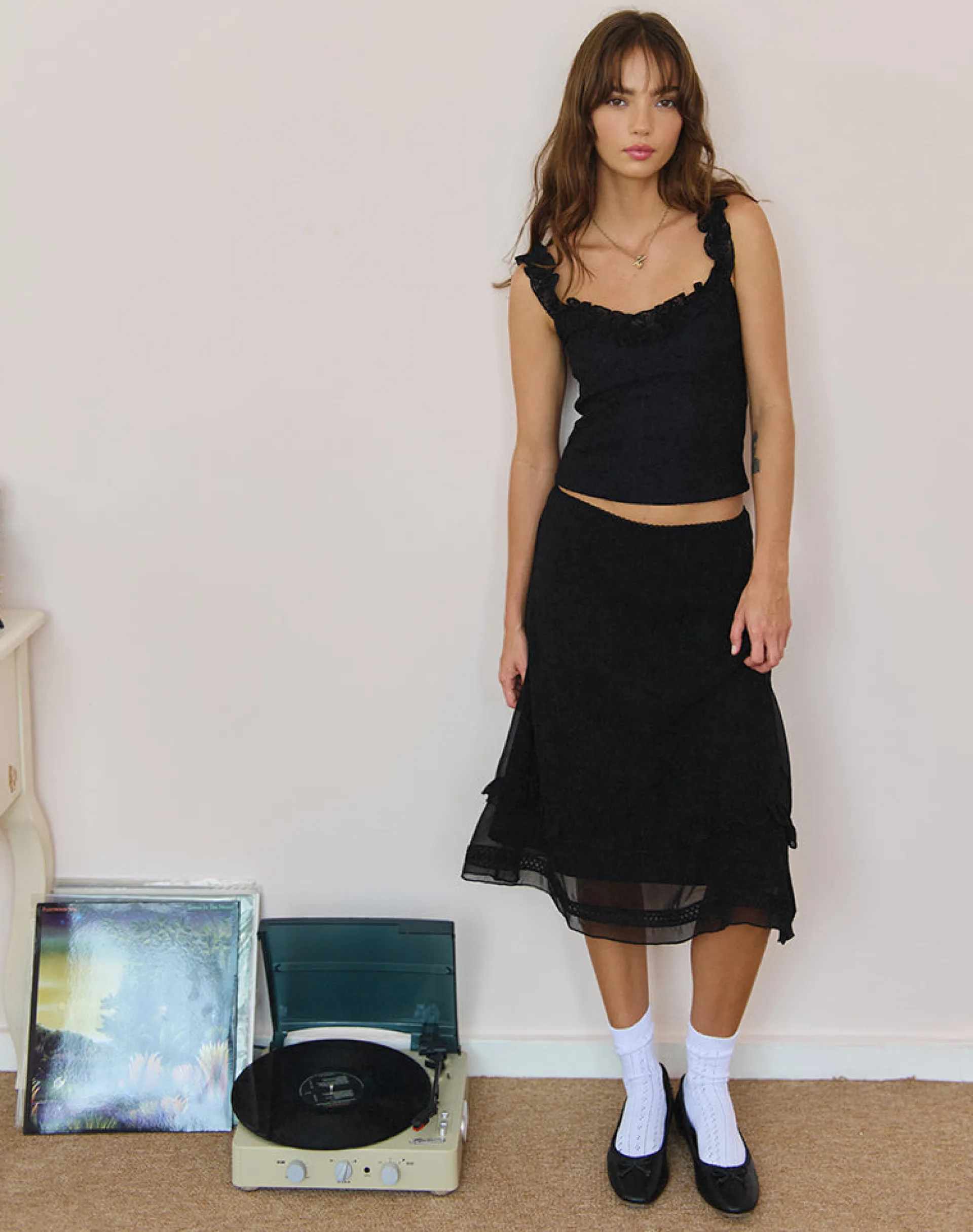 Motel Rocks A Line Skirts | Midi Skirts-Lenuta Chiffon Midi Skirt in Black